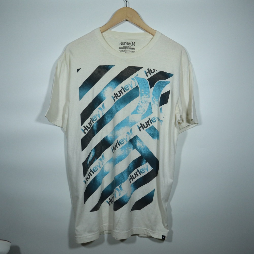 Hurley Graphic T-Shirt Large Cream Skater Y2K Diagonal Logo Print Tee